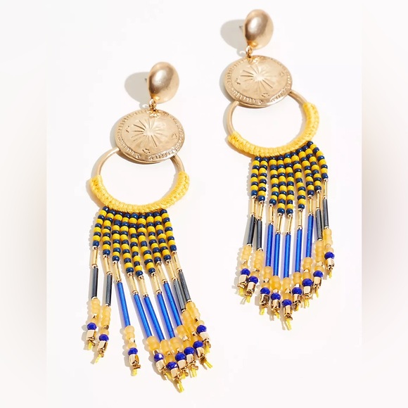 NWT Free People | Women’s gold/mustard/blue beaded Wait For Me earrings.  OS - Picture 3 of 12